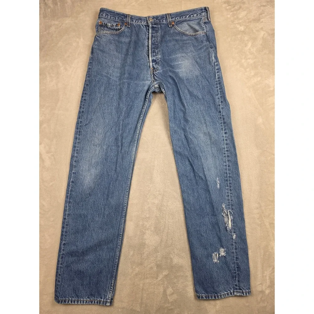 Vintage Levi's 501 Jeans Men 38x34 Fit 36x34 Blue Distressed Button Fly USA Made